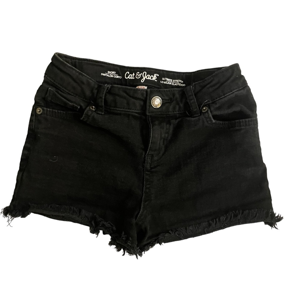 Girls Black Denim Cut Off Shorts with Adjustable Waist - Size 7/8